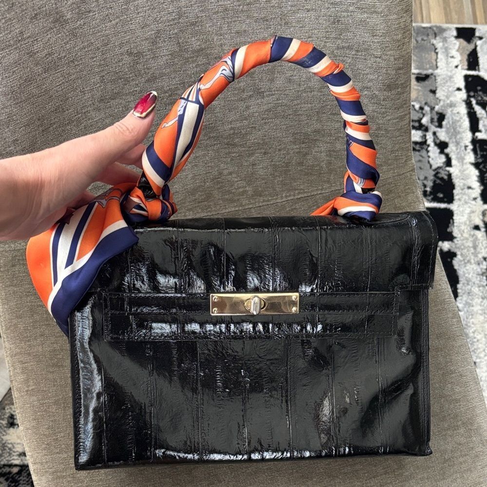 Elegant Black Handbag with Orange and Blue twilly